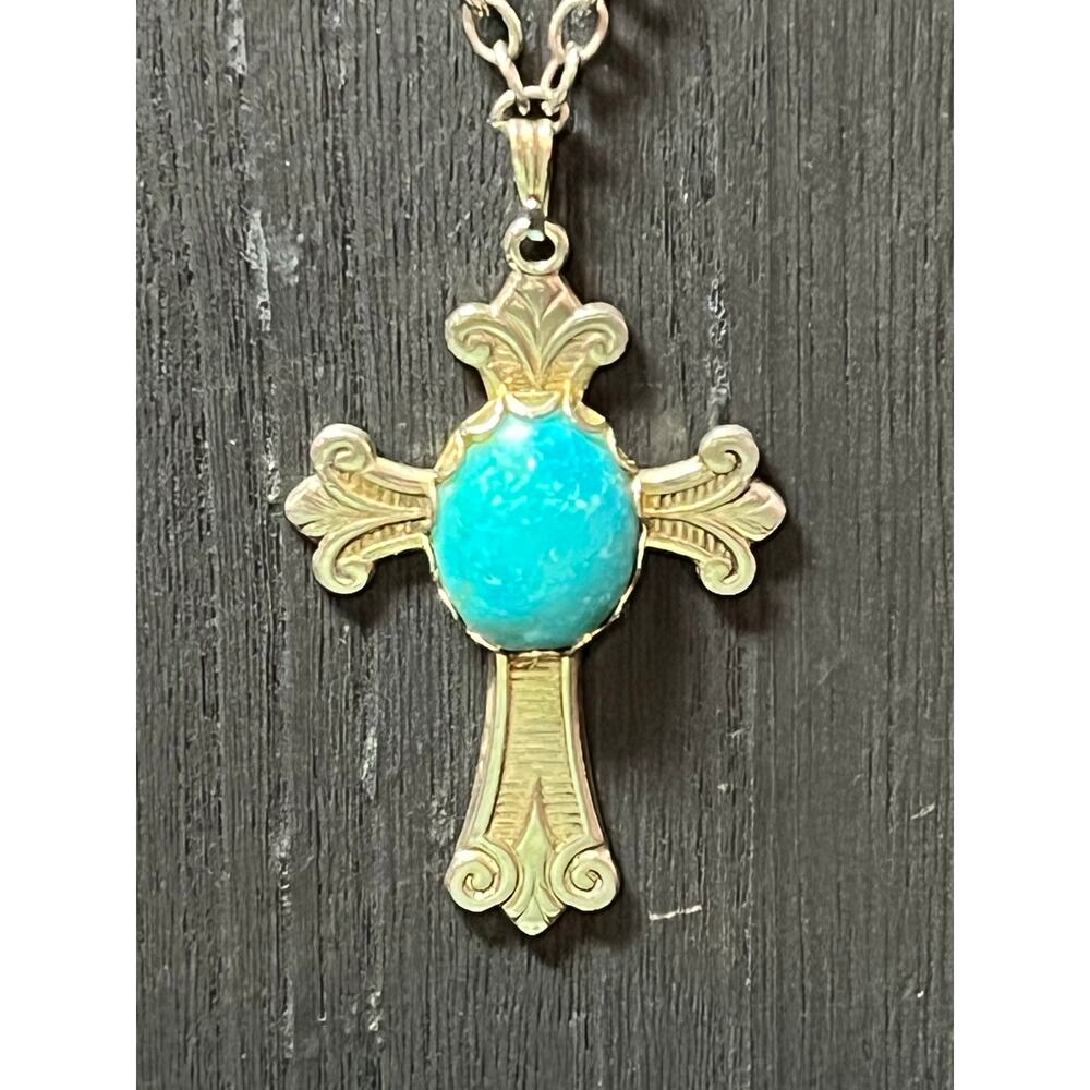 Long Cross Necklace Turquoise Color Stone Silver Tone‎ Chain Boho Faith 33”